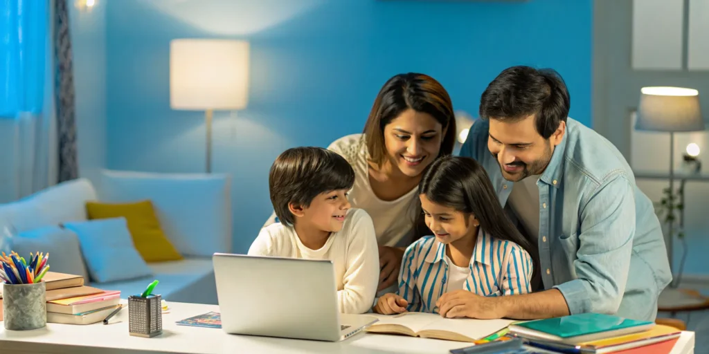 A New York family learning together at home with a laptop, books, and educational materials