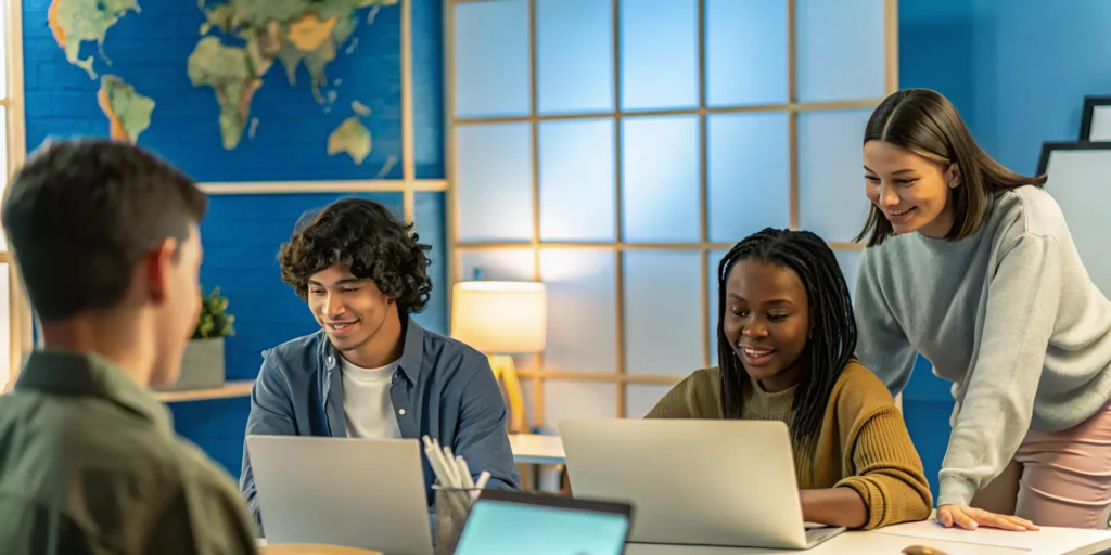 Students from different cultures learning together in a virtual classroom with a world map background