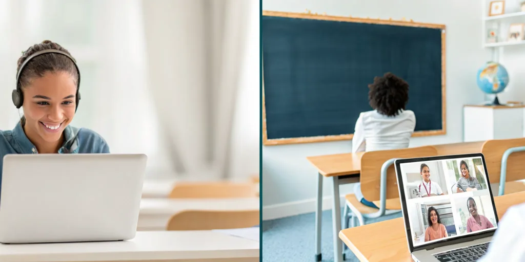 A split-screen showing a modern virtual learning space and a traditional school classroom