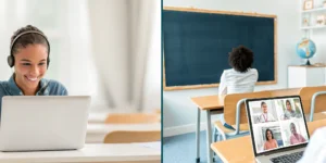 A split-screen showing a modern virtual learning space and a traditional school classroom