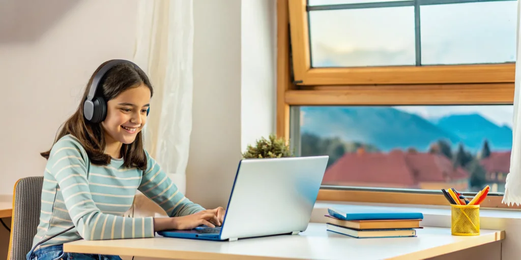Student studying online with laptop in a home learning environment