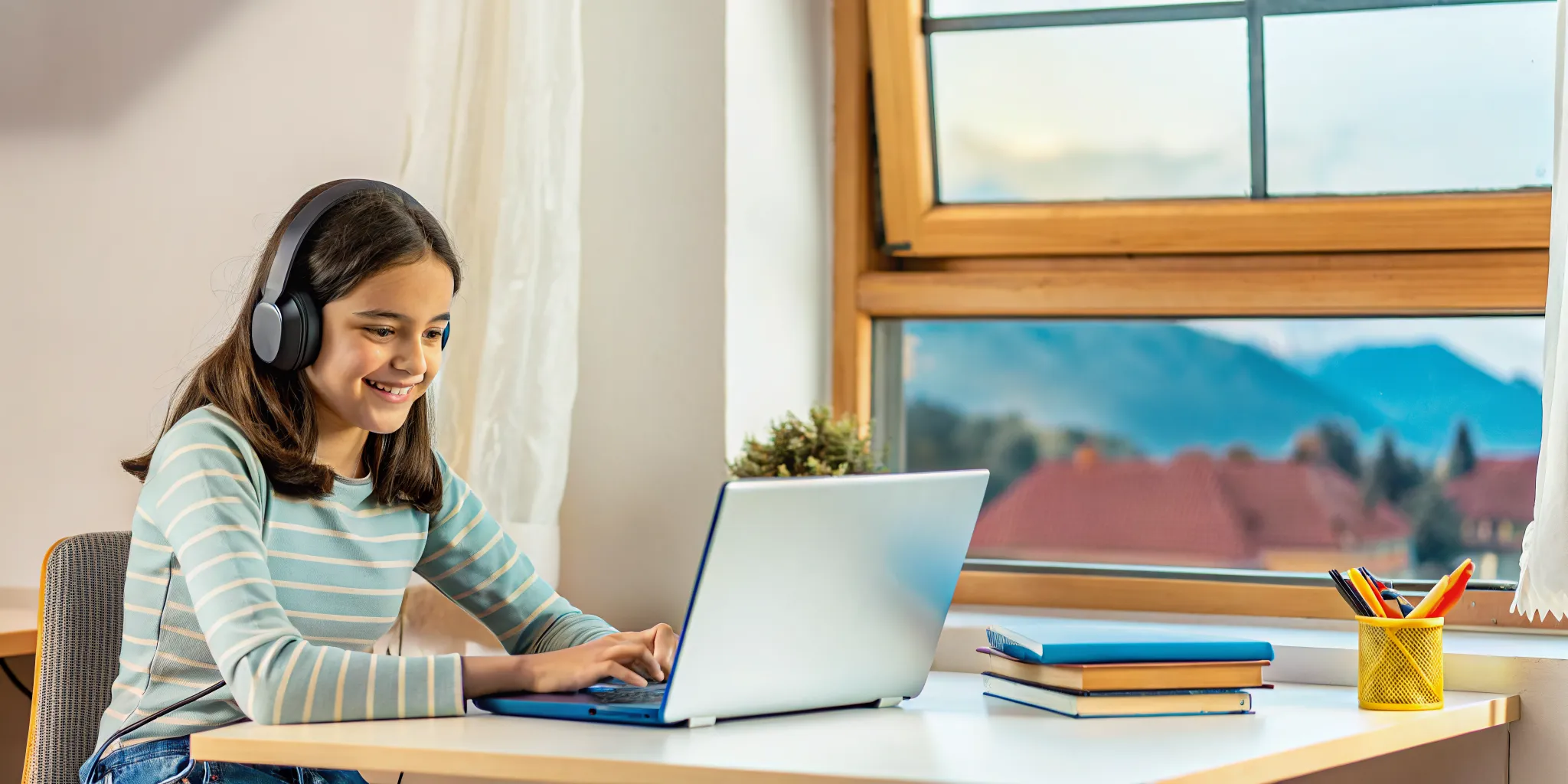 Student studying online with laptop in a home learning environment