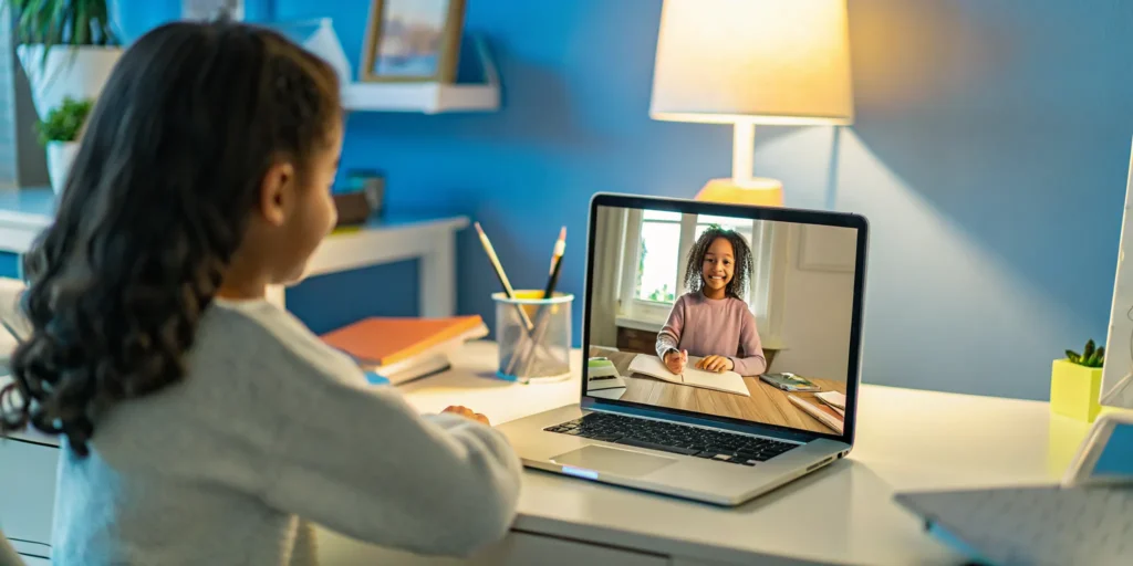 A K-12 student attending a live online dual-language classroom at home on a laptop.