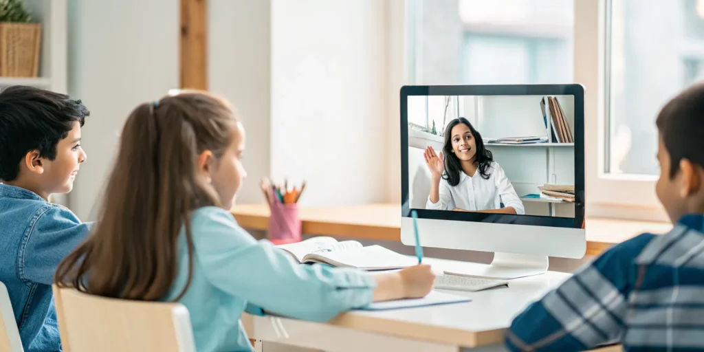 Students learning in a virtual bilingual classroom setting