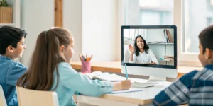 Students learning in a virtual bilingual classroom setting
