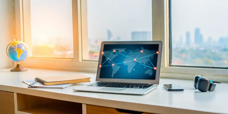 Laptop and globe on a desk for a child in an American online school abroad.