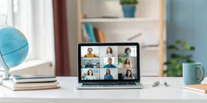 Laptop screen with a diverse virtual classroom for an American virtual school for international families.