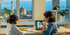 An American family uses a flexible online school abroad, with a mother and son studying on a laptop.