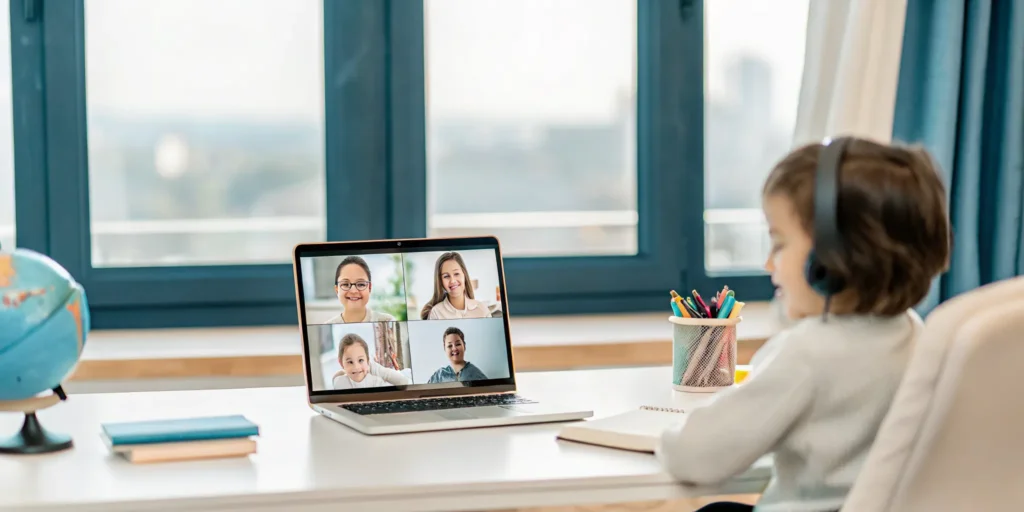 American child abroad in an online kindergarten program using a laptop and headphones.