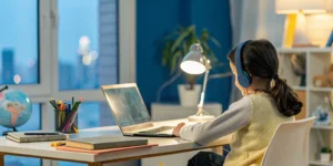 American expat student learns from home, attending her online middle school class on a laptop.