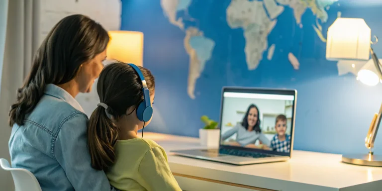 Expat mother and daughter learning at home with an online school for different time zones.