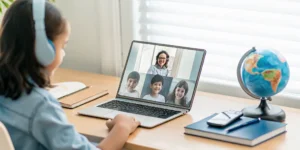US expat child takes an online school class on a laptop.