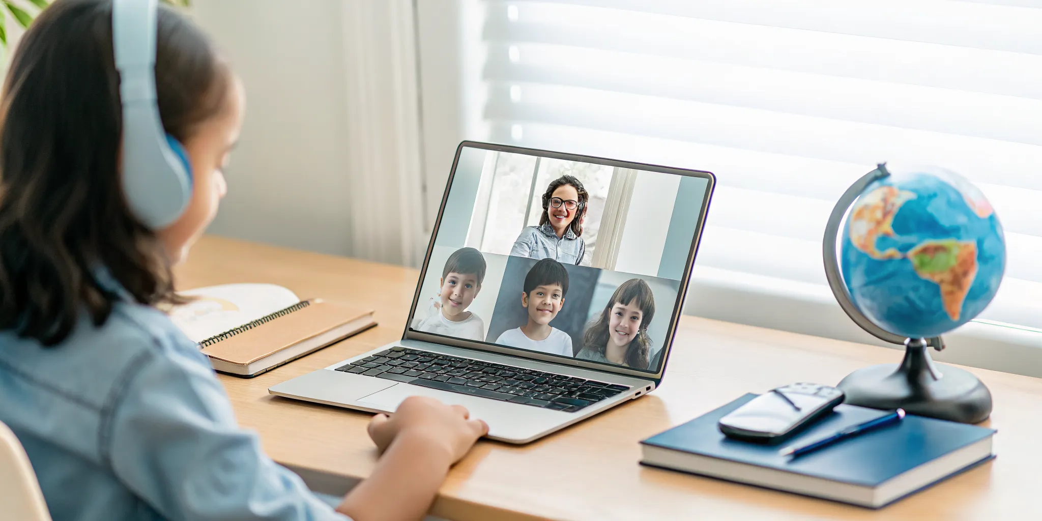 US expat child takes an online school class on a laptop.