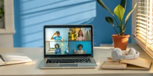 Online Spanish immersion school class for expat children on a laptop screen.