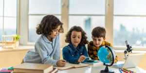 Expat children taking supplemental homeschool classes with a laptop and globe.