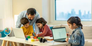 Parent and children using laptops for an accredited online homeschool for expat families.