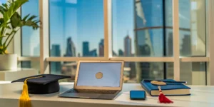 A graduation cap and diploma next to a laptop for an online American high school diploma for expats.