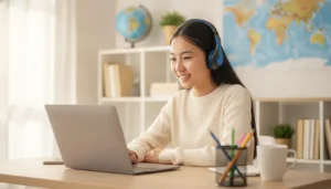 Student choosing the best online high school for international students, learning from home while living abroad