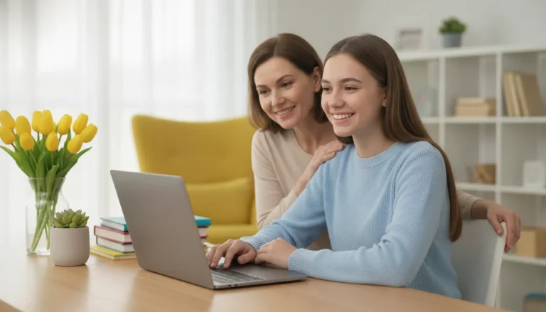 Teenage student smiling at a laptop during an online high school class with a parent nearby