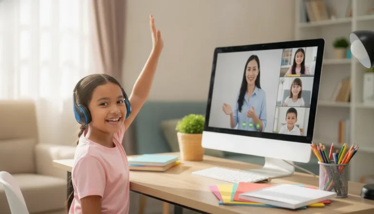Elementary student joining a live online bilingual Spanish class from home
