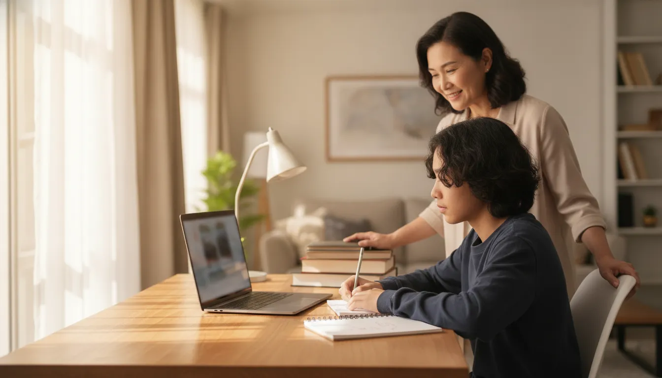 Parent supporting a student in a self paced online high school diploma program