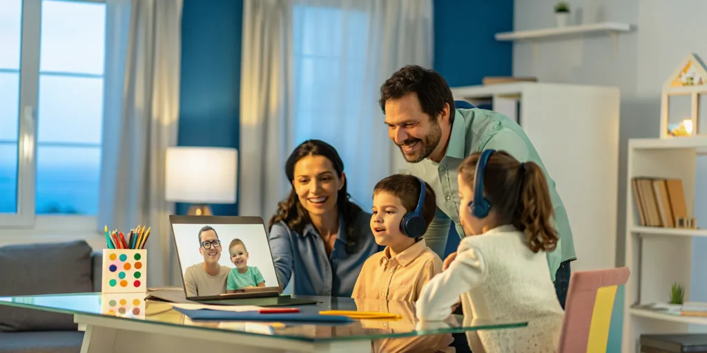 Expat family with children attending an English-Spanish online school class.