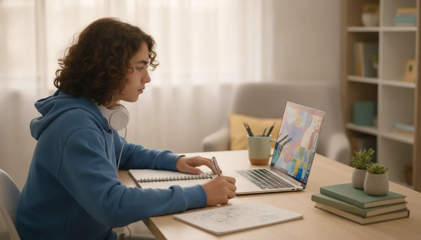 A high school student learning at home with a laptop in a bright study space