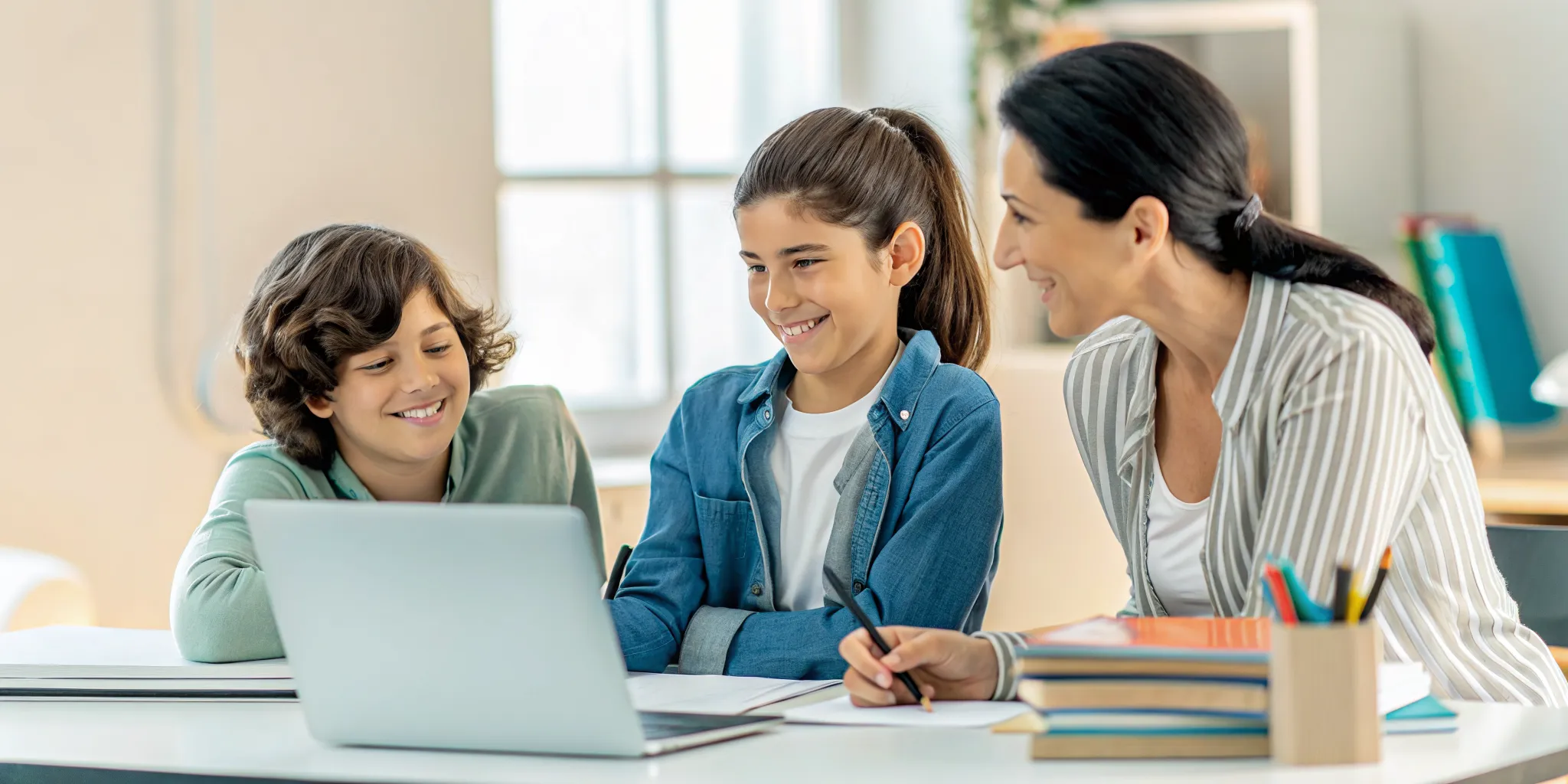 A student learning with a teacher and parent at a bright home desk