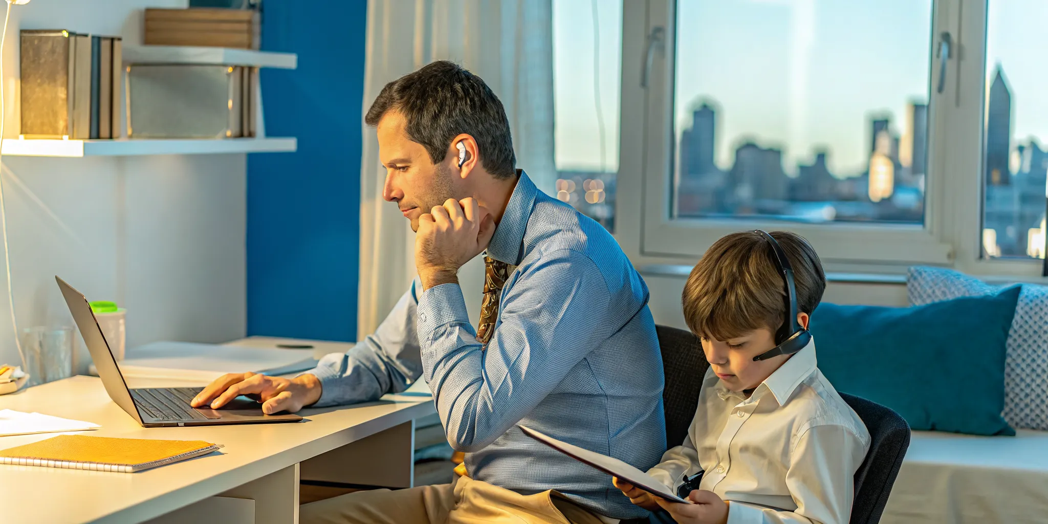 Father helping his son with a full-time online school for expat children.