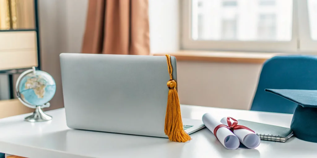 Graduation cap on a laptop for an American student overseas earning an online high school diploma.