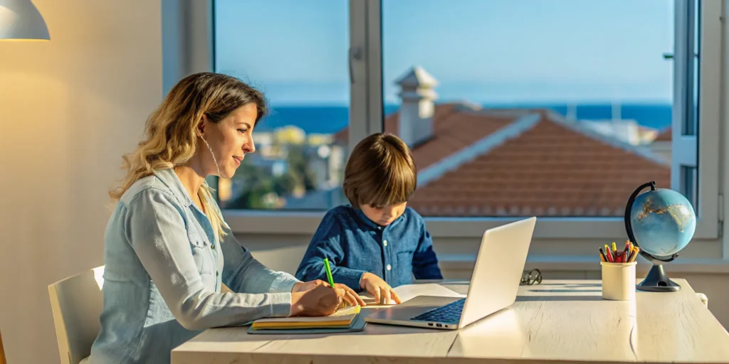 An American family uses a laptop for their homeschool program while living overseas.