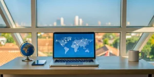 Laptop with a world map showing how to transfer to an American online school while living abroad.