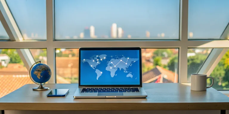 Laptop with a world map showing how to transfer to an American online school while living abroad.