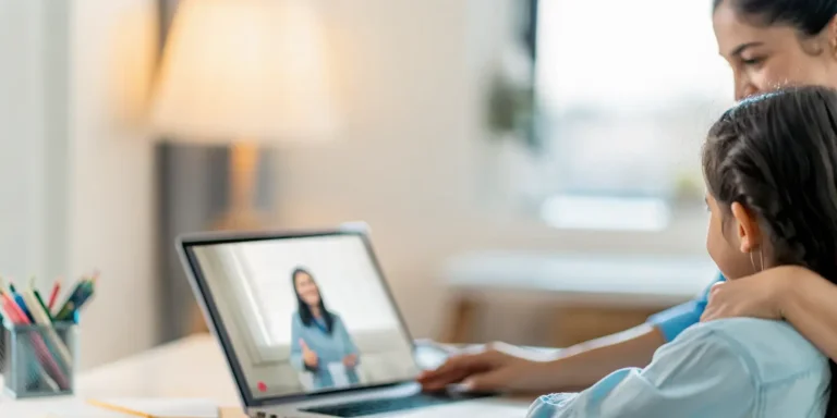A teacher guiding and encouraging a student during an online bilingual classroom lesson