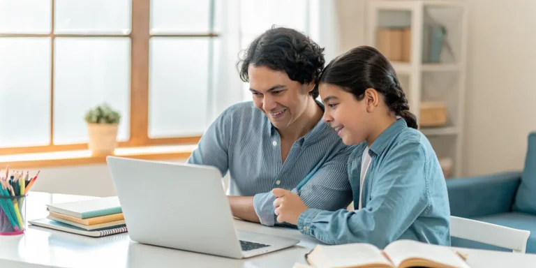 Parent and student reviewing online K-12 education options together on a laptop