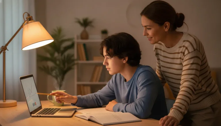A high school student studying at home in the evening with a parent nearby
