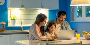 Family learning together at home with a laptop and educational materials, supportive online learning environment
