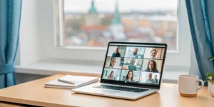 Live online classes for American students abroad shown on a laptop screen.