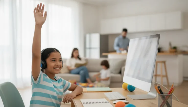 Estudiante K-12 de Ideal School aprendiendo en un aula virtual desde casa
