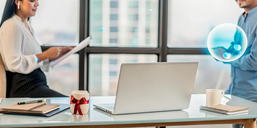 An international student and a parent review an online US diploma program on a laptop.