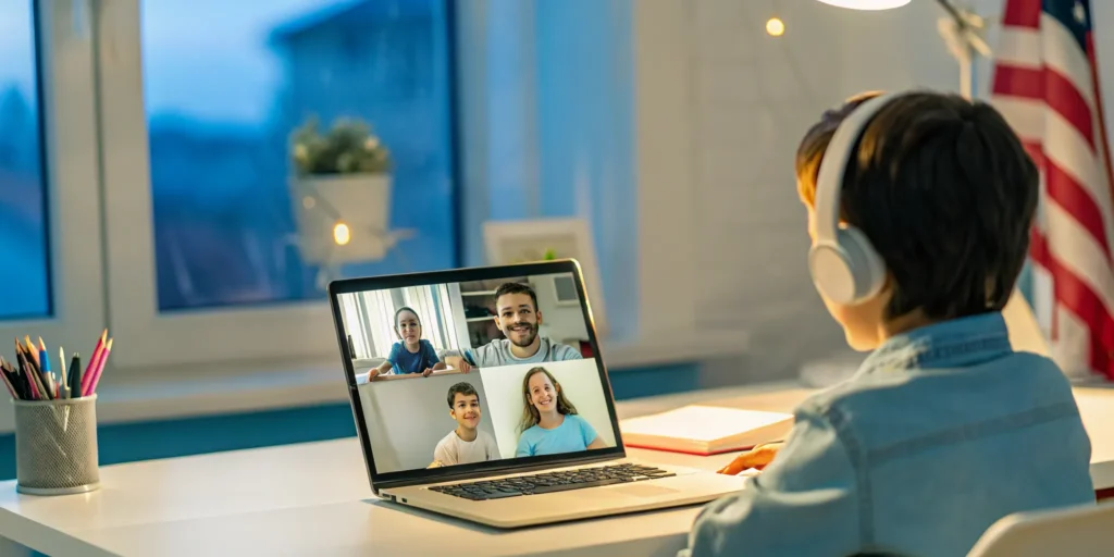 Child with headphones in a bilingual online school for American expat children.