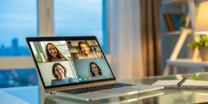 A laptop screen shows an accredited bilingual online school class for expats.
