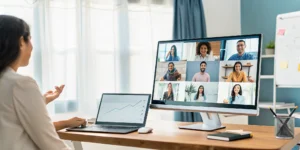 Student in a live online school class with teachers and classmates.