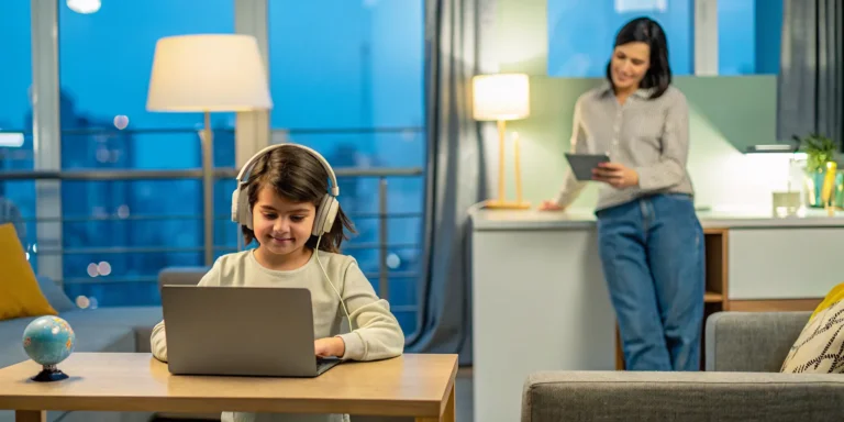 Expat child attending an affordable private online school on a laptop with a parent nearby.