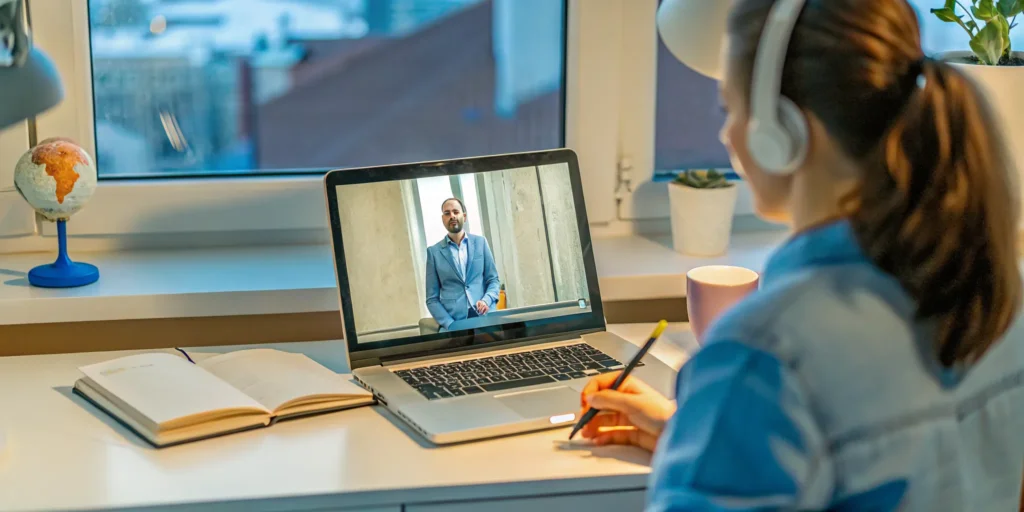 Online education on a laptop for a young US citizen living abroad.