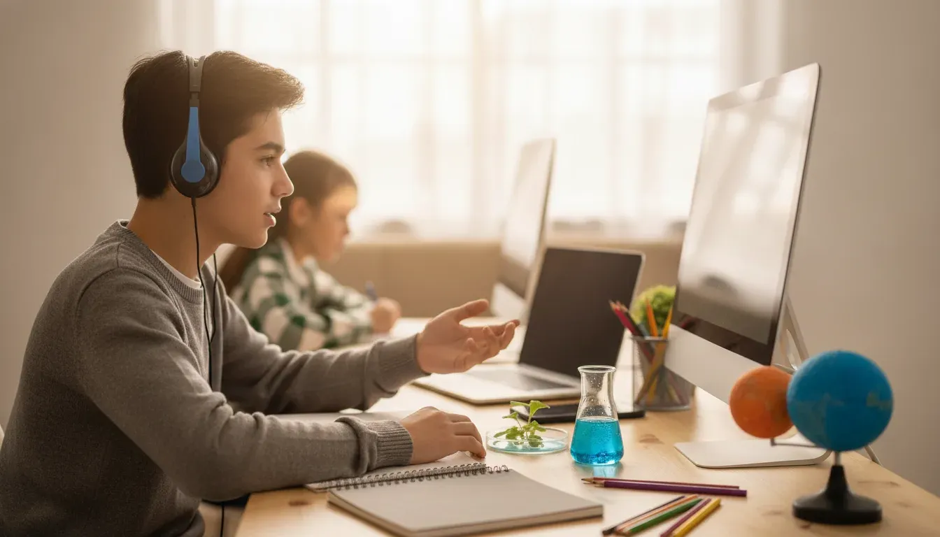 High school student participating in a live online science lesson
