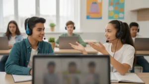 High school students learning in a bilingual online classroom