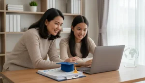 Parent and student reviewing an online high school diploma pathway
