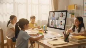 Children participating in a live online Spanish class with a bilingual teacher