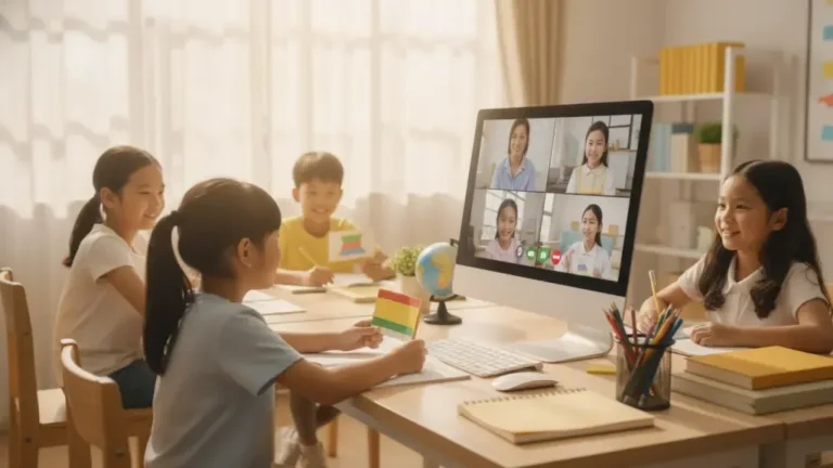 Children participating in a live online Spanish class with a bilingual teacher